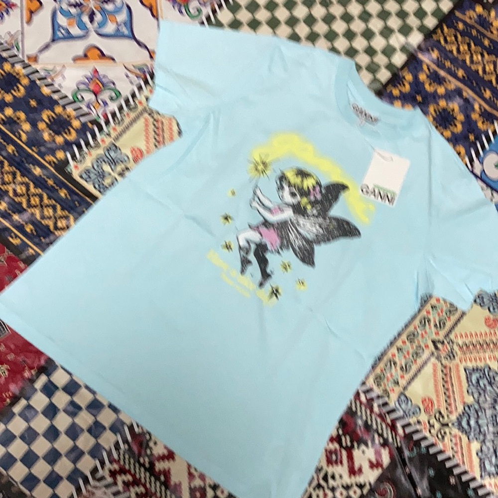 Ganni Coquette Fairy Graphic T-Shirt Light Blue Designers Tee size Medium